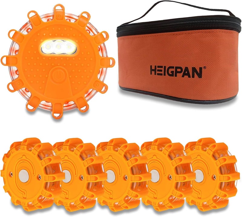 HEIGPAN GP906 LED Road Flares Safety Flashing Warning Lights Kit, Magnetic Base & Hook 9 Flash Modes, for Emergency Roadside Safety Warning 6 Pack (Batteries not Included) Orange - Image 1